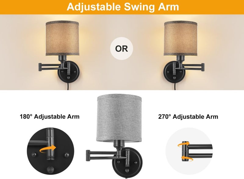 GOODATE Plug in Wall Sconces with Remote Control, Dimming 10%-100% & Adjustable Colors 2700K-6500K, Hardwire or Plug-in, Swing Arm Wall Lamp with Gray Fabric Shade, Wall Sconces Set of Two, Black Finish - Image 5